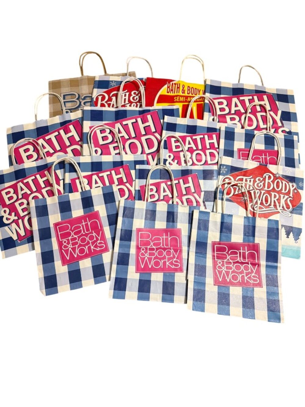 Lot of 15 Bath Body Works Paper Shopping Bags Various Sizes Colors Gingham